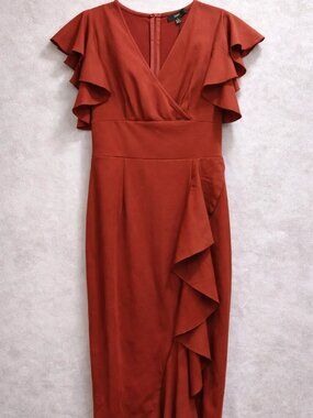 Knitee Ruffle Midi Dress Womens Small Rust Red Faux Wrap Cocktail NWT